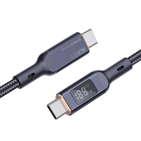 Aukey 1m Nylon Braided USB-C to USB-C Cable with LCD Display- Black
