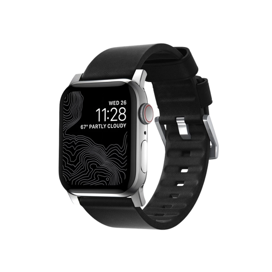 Nomad Moderm Active Leather Strap for Apple Watch 45/44/42mm (Series SE/7/6/5/4/3/2) - Black Active Leather + Silver Hardware