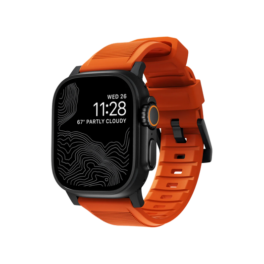 Nomad Apple Watch 49/45/44/42mm (Series SE/Ultra/9/8/7/6/5/4/3/2) Rugged Strap | Ultra Orange Strap + Black Hardware