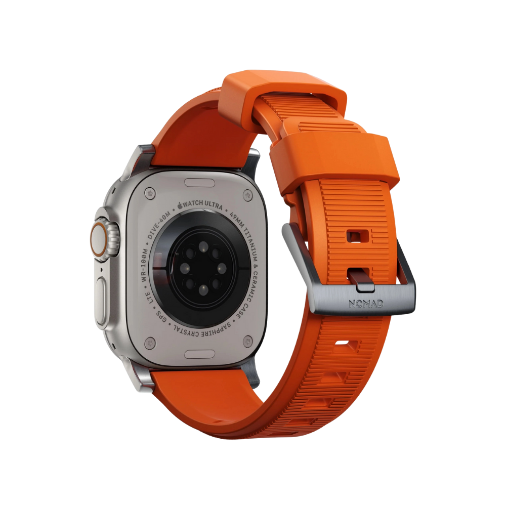 Nomad Apple Watch 49/45/44/42mm (Series SE/Ultra/9/8/7/6/5/4/3/2) Rugged Strap | Ultra Orange Strap + Black Hardware