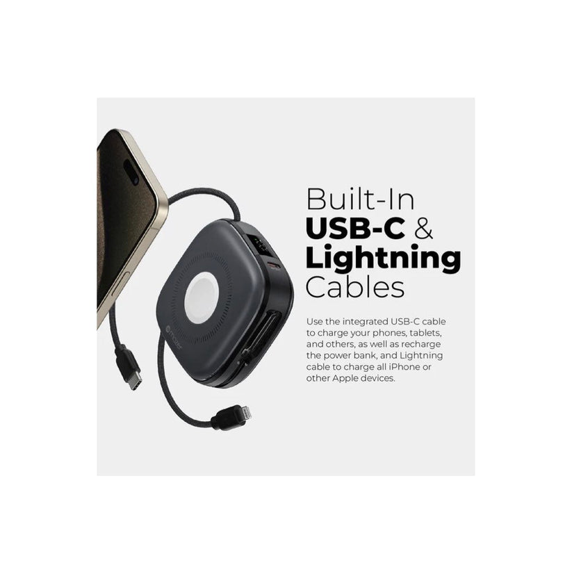 Mazer/M-MagLink18i-BG/10,000mAh qi2 Compatible 15W with Built-in USB-C+Lightning Cables, Apple Watch, PD20W, Power Bank-Black Grey