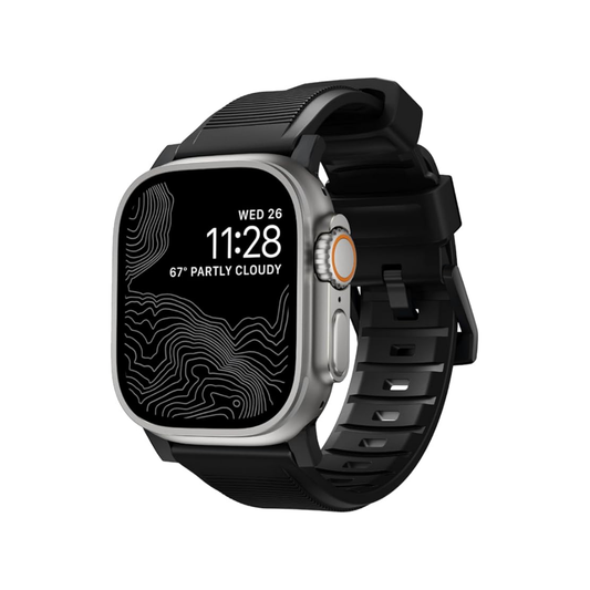 Nomad Rugged Strap for Apple Watch 45/44/42mm (Series SE/7/6/5/4/3/2) - Black Strap + Silver Hardware