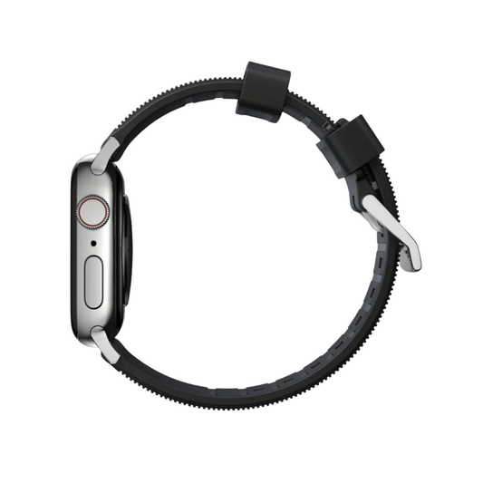 Nomad Rugged Strap for Apple Watch 45/44/42mm (Series SE/7/6/5/4/3/2) - Black Strap + Silver Hardware