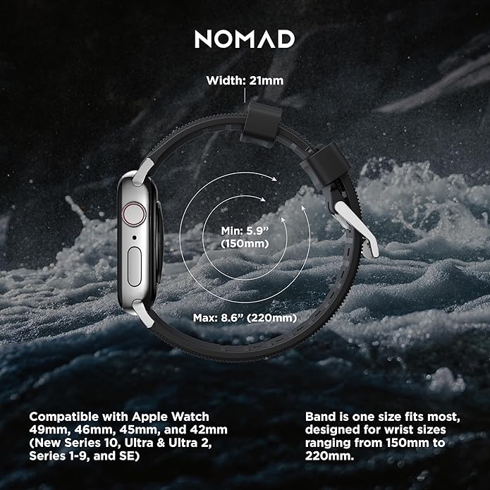 Nomad Rugged Strap for Apple Watch 45/44/42mm (Series SE/7/6/5/4/3/2) - Black Strap + Black Hardware