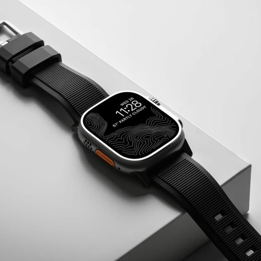 Nomad Rugged Strap for Apple Watch 45/44/42mm (Series SE/7/6/5/4/3/2) - Black Strap + Black Hardware