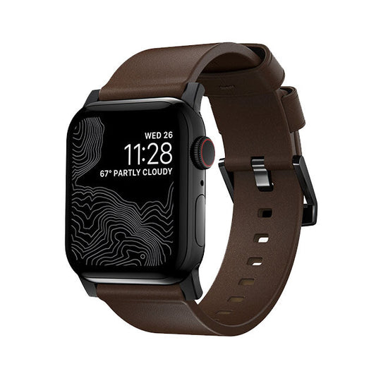 Nomad Modern Leather Strap for Apple Watch 45/44/42mm (Series SE/7/6/5/4/3/2) - Rustic Brown Strap + Black Hardware