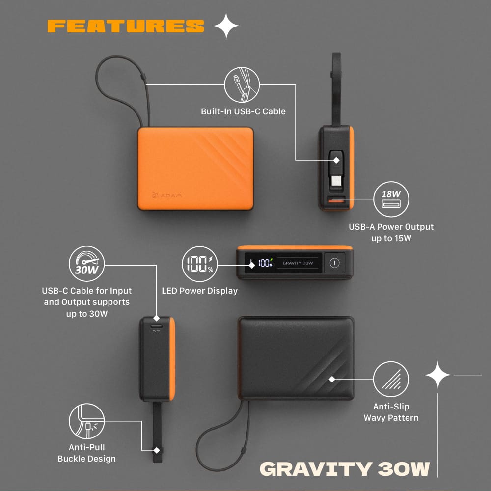 ADAM elements GRAVITY 30W Fast Charging Power Bank with Built-In Cable - Green
