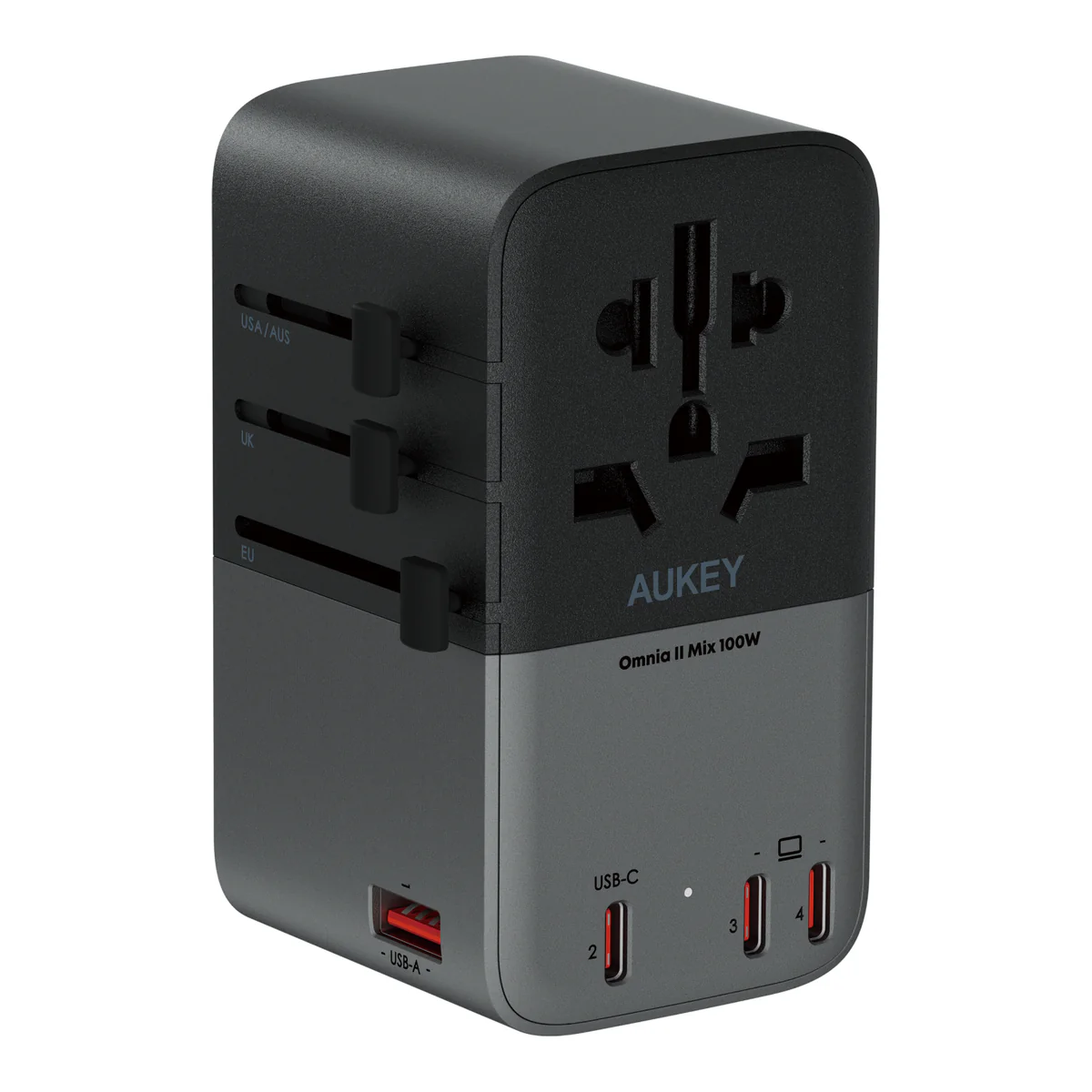 Aukey PA-TA09A 100W Travel Mate GaN Universal Adapter With USB ports - Grey