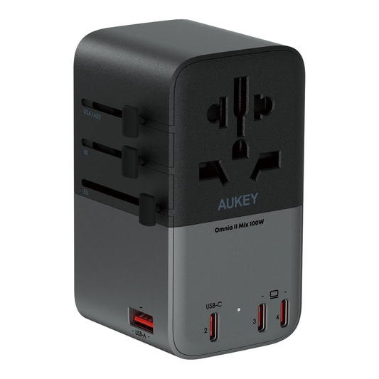 Aukey PA-TA09A 100W Travel Mate GaN Universal Adapter With USB ports - Grey