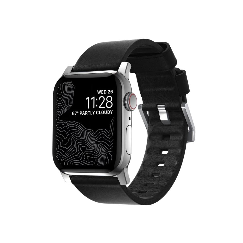 Nomad Moderm Active Leather Strap for Apple Watch 45/44/42mm (Series SE/7/6/5/4/3/2) - Black Active Leather + Silver Hardware
