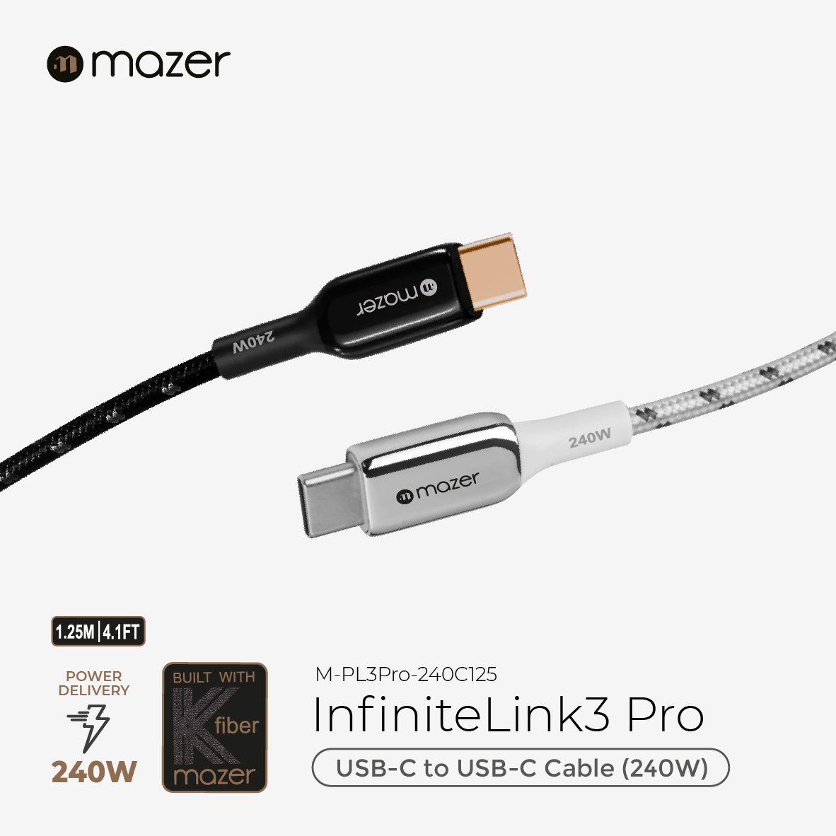 Mazer InfiniteLINK 3 Pro 240W/1.25M USB-C Cable-White