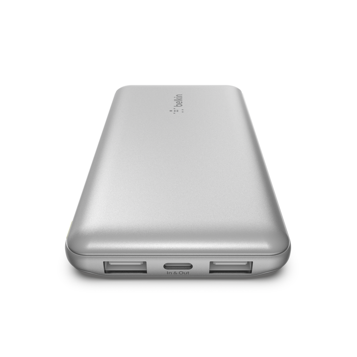 Belkin BOOST CHARGE 3-Port Power Bank 10K + USB-A to USB-C Cable, Silver