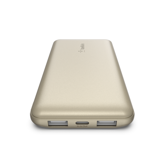 Belkin BOOST CHARGE 3-Port Power Bank 10K + USB-A to USB-C Cable, Gold