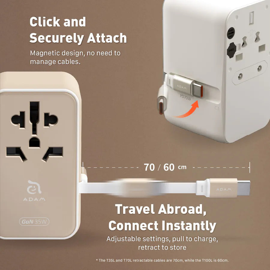 ADAM elements T35L 35W Universal Travel Adapter with Built-In USB-C Cable (Grey)