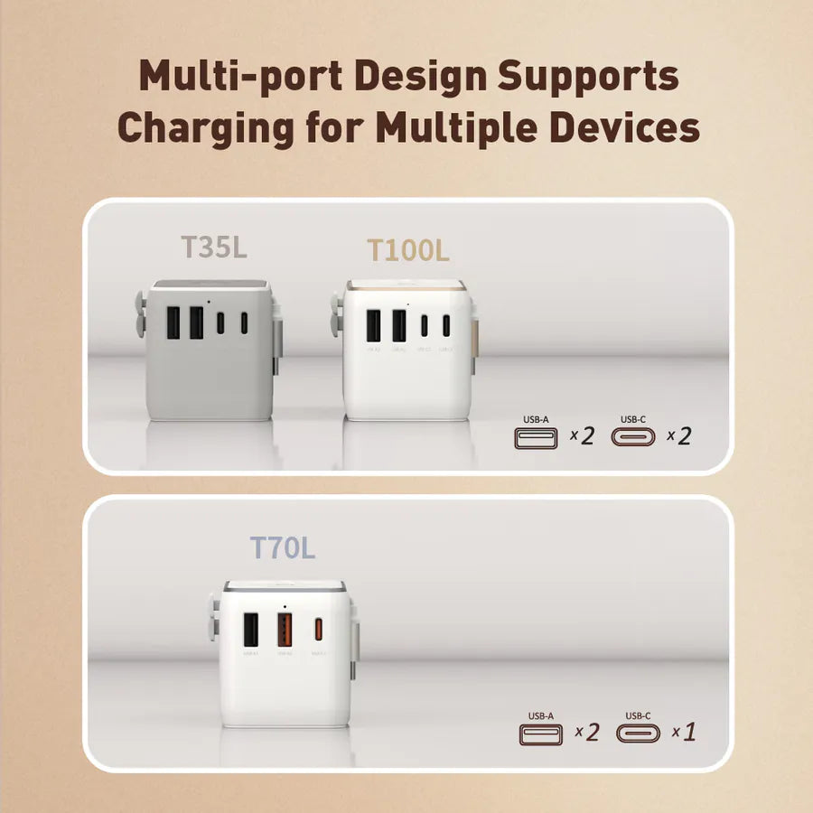 ADAM elements T70L 70W Universal Travel Adapter with Built-In USB-C Cable (White)