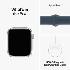 Apple Watch Series 9 GPS 45mm Silver Aluminium Case with Storm Blue Sport Band - S/M