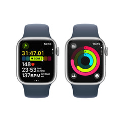 Apple Watch Series 9 GPS + Cellular 41mm Silver Aluminium Case with Storm Blue Sport Band - M/L