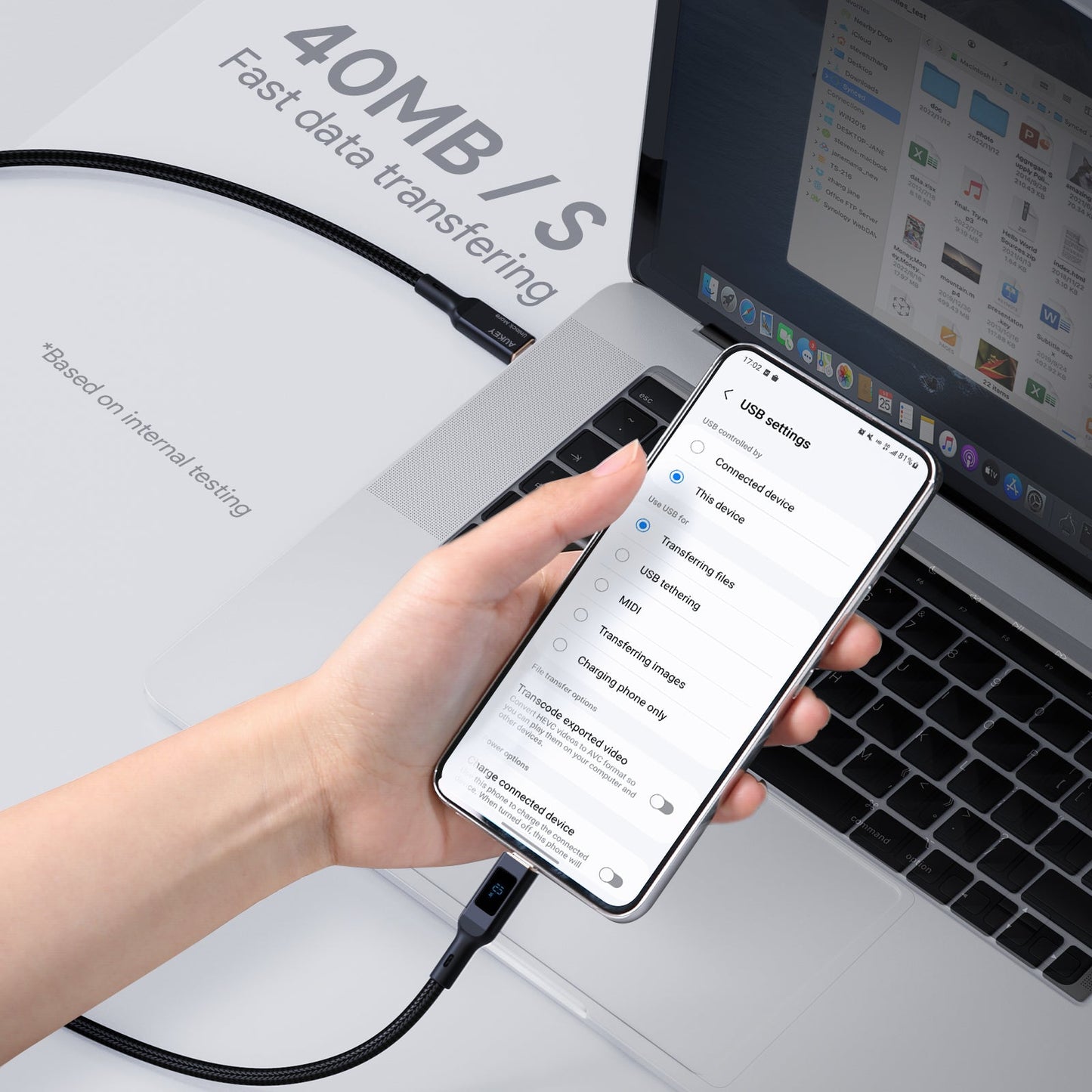 Aukey 1m Nylon Braided USB-C to USB-C Cable with LCD Display- Black