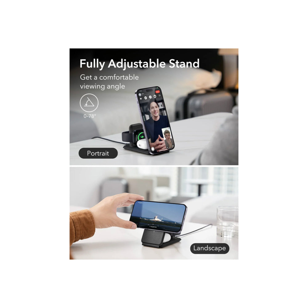 ESR HaloLock 3-in-1 Travel Wireless Charging Set (UK Plug) - Black