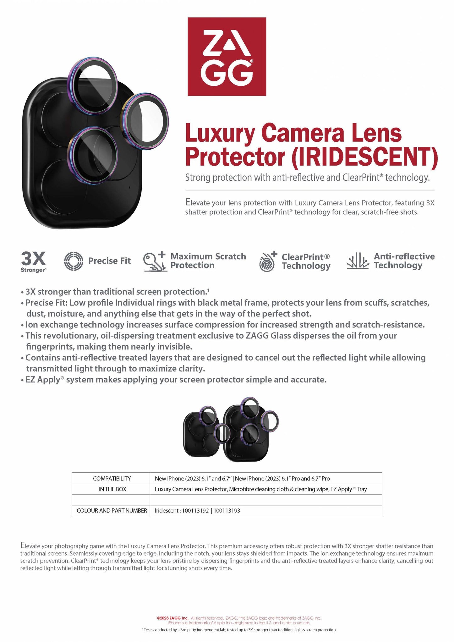 ZAGG Premium GL (Camera) Apple iPhone 15 Non-Pro Series - Iridescent