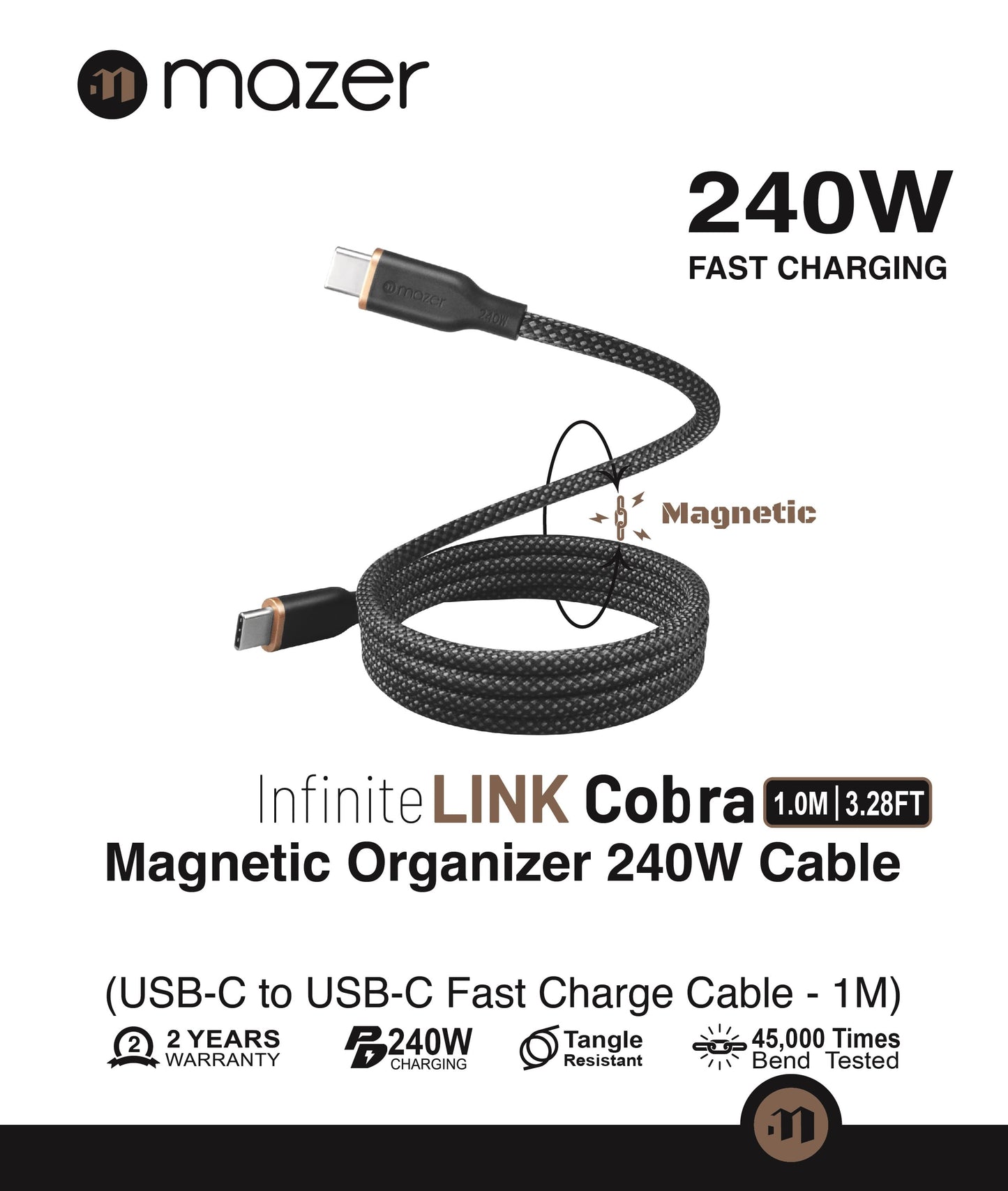 Mazer/M-Cobra-C1240-BK/InfiniteLINK Cobra Magnetic 1M/240W Fast Charging Cable-Black