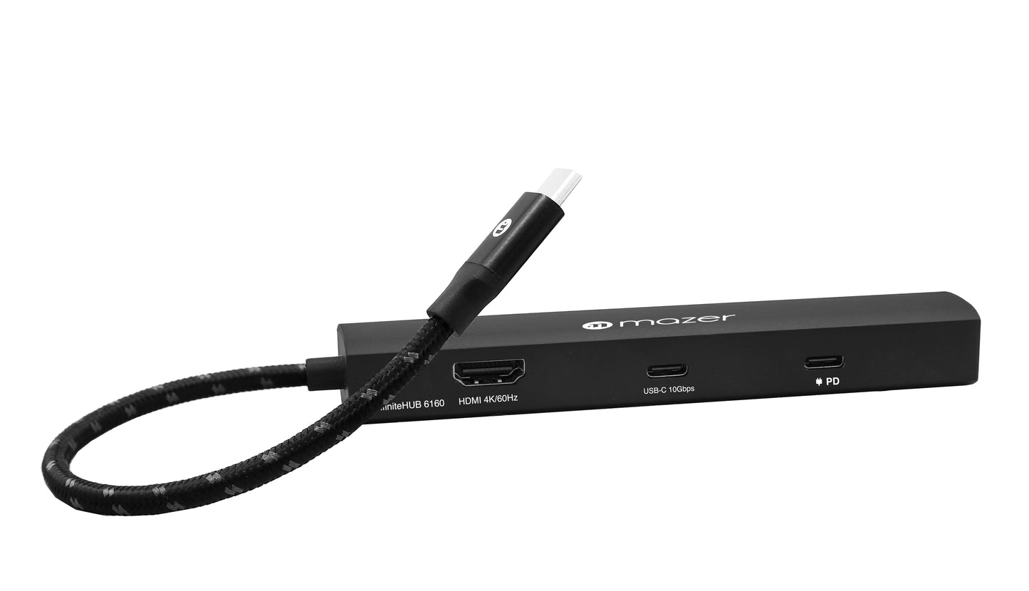 Mazer InfiniteLINK 6-in-1 Slim Hub 4K/60Hz HDMIX1 Data at 10Gbps (USB3.0X2+USB-CX1)+Gigabit Eternet+USB-C PD100W- Black