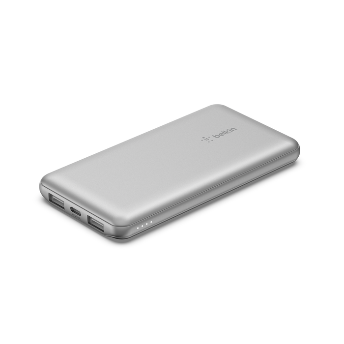 Belkin BOOST CHARGE 3-Port Power Bank 10K + USB-A to USB-C Cable, Silver