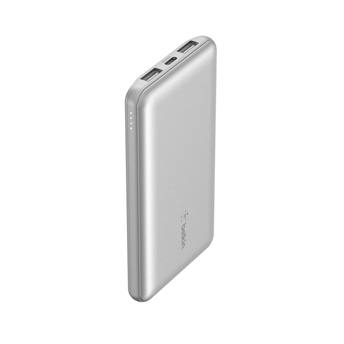 Belkin BOOST CHARGE 3-Port Power Bank 10K + USB-A to USB-C Cable, Silver