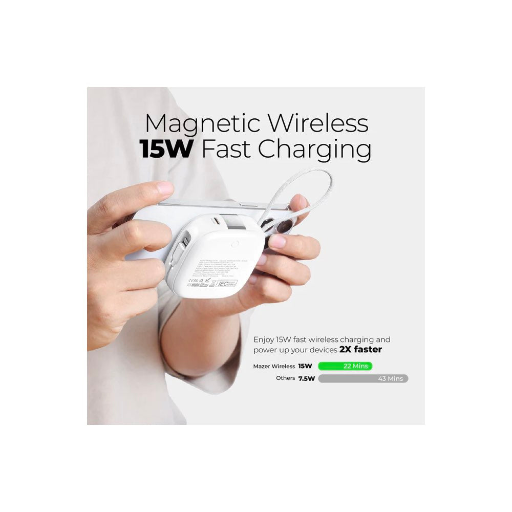 Mazer/M-MagLink18i-BG/10,000mAh qi2 Compatible 15W with Built-in USB-C+Lightning Cables, Apple Watch, PD20W, Power Bank-BlackGrey