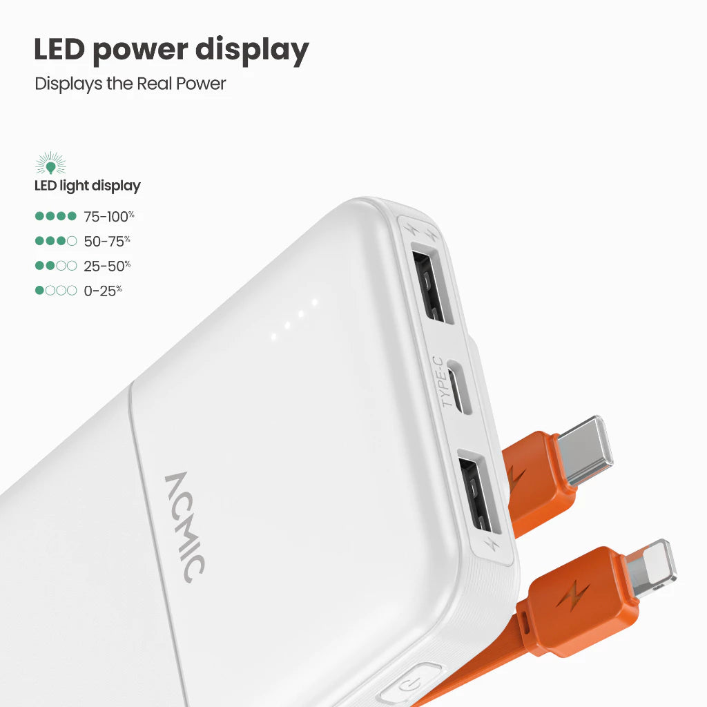 ACMIC 10000mAh powerbank with build-in Type C and Lightning Cable - White (AP10-06 (W1052C)