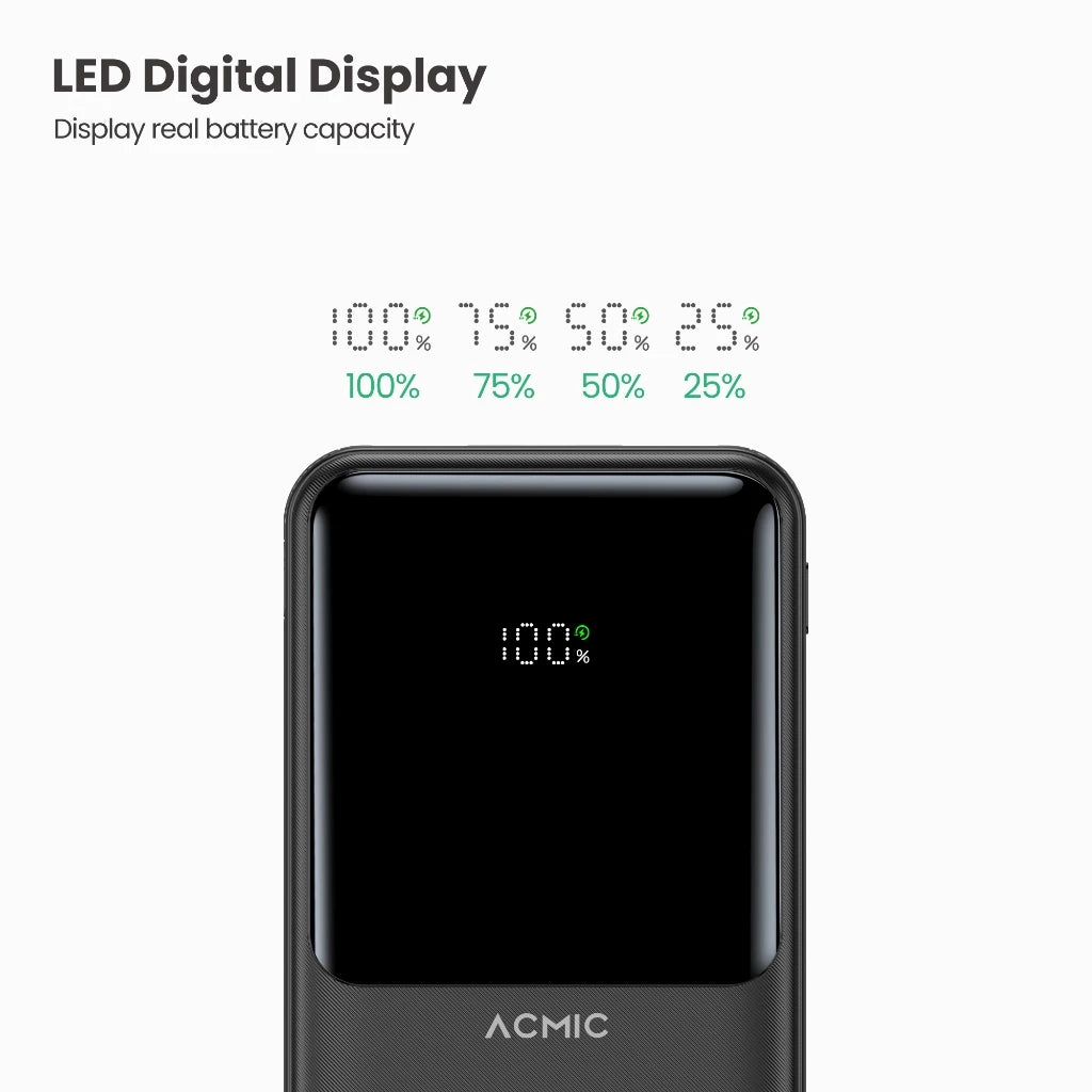 ACMIC 20000mAh powerbank with Digital Screen Display, Build in Type C and Lightning Cable - White (AP20-06PD PRO (W2015C)