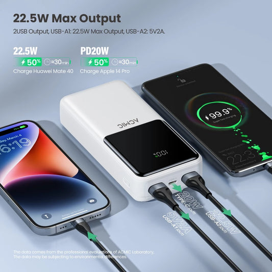 ACMIC 20000mAh powerbank with Digital Screen Display, Build in Type C and Lightning Cable - White (AP20-06PD PRO (W2015C)