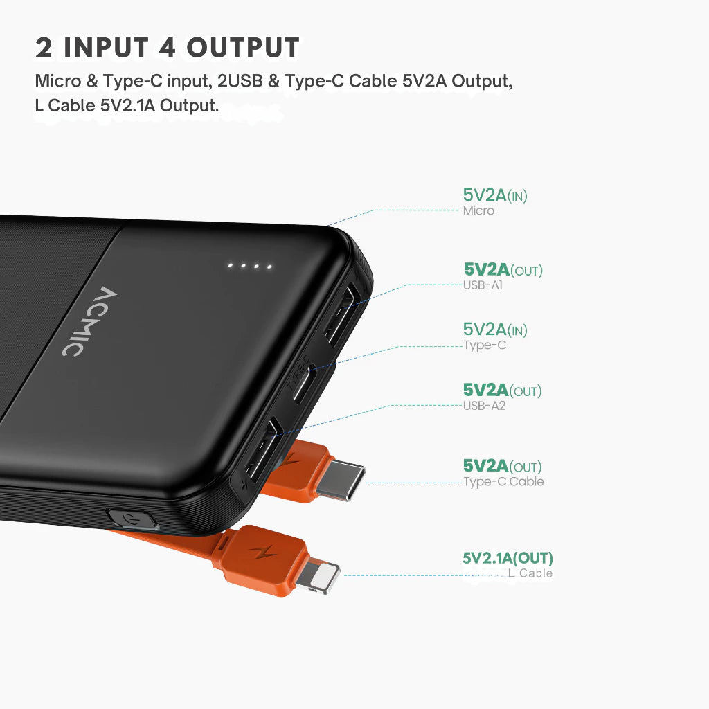 ACMIC 10000mAh powerbank with build-in Type C and Lightning Cable - White (AP10-06 (W1052C)