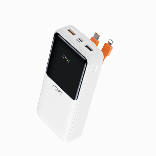 ACMIC 20000mAh powerbank with Digital Screen Display, Build in Type C and Lightning Cable - White (AP20-06PD PRO (W2015C)