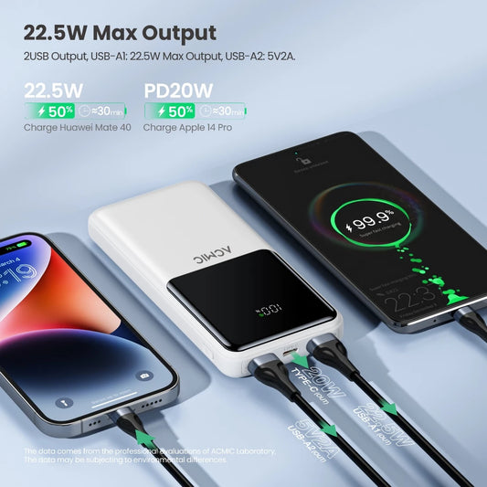 ACMIC 10000mAh powerbank with Digital Screen Display, Build in Type C and Lightning Cable - White (AP10-06PD PRO (W1081C)
