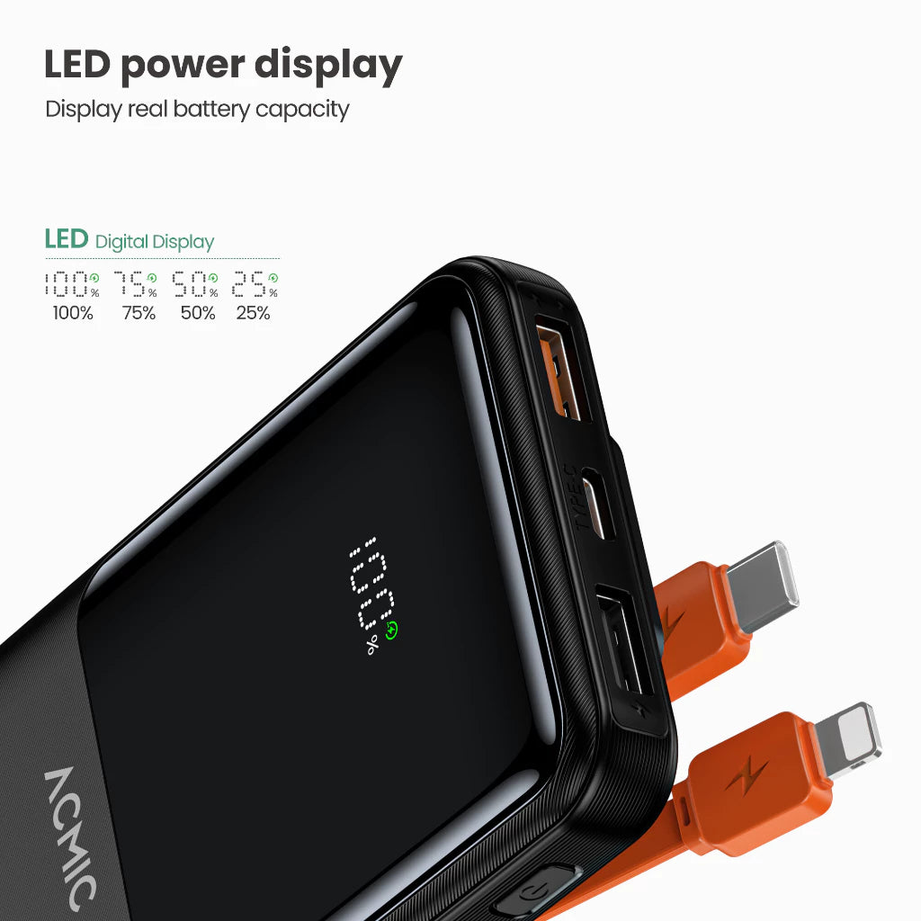 ACMIC 10000mAh powerbank with Digital Screen Display, Build in Type C and Lightning Cable - Black (AP10-06PD PRO (W1081C)