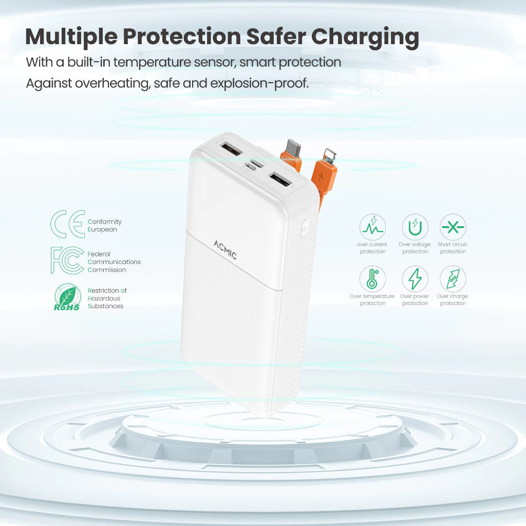 ACMIC 20000mAh powerbank with build-in Type C and Lightning Cable - White (AP20-06 (W2010C)