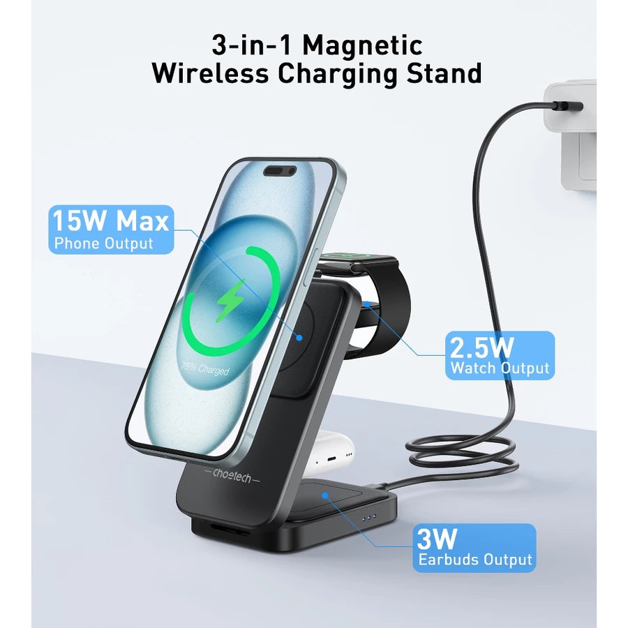 CHOETECH T611-F-CCBK 3-IN-1 MAGNETIC WIRELESS CHARGER - BLACK
